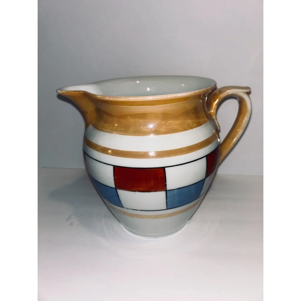 Antique Union K Czechoslovakia Art Deco Lusterware Pitcher Checkerboard Red Blue